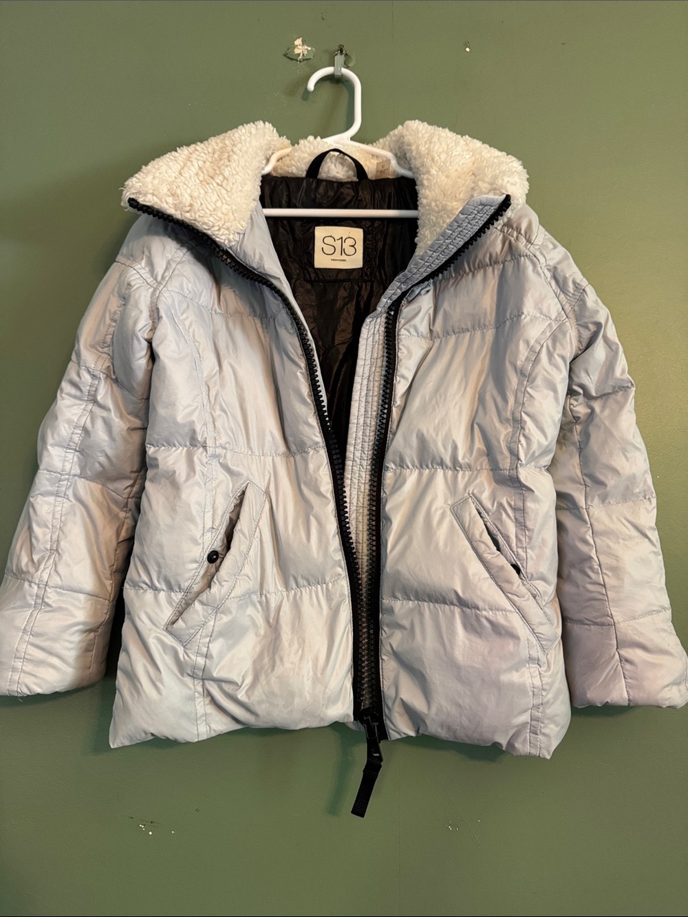 S13 Kids Puffer Jacket Gray Sherpa Trim 6 Duck Feather Down Filled Puffer Coat